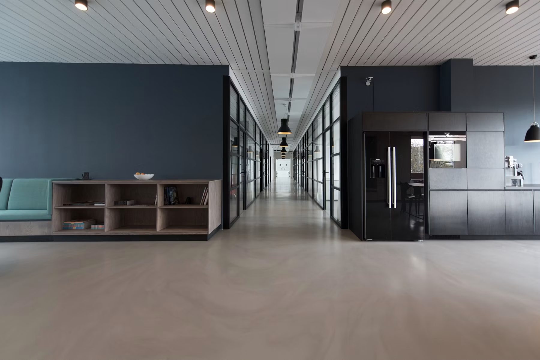 Quiet office interior with a long table